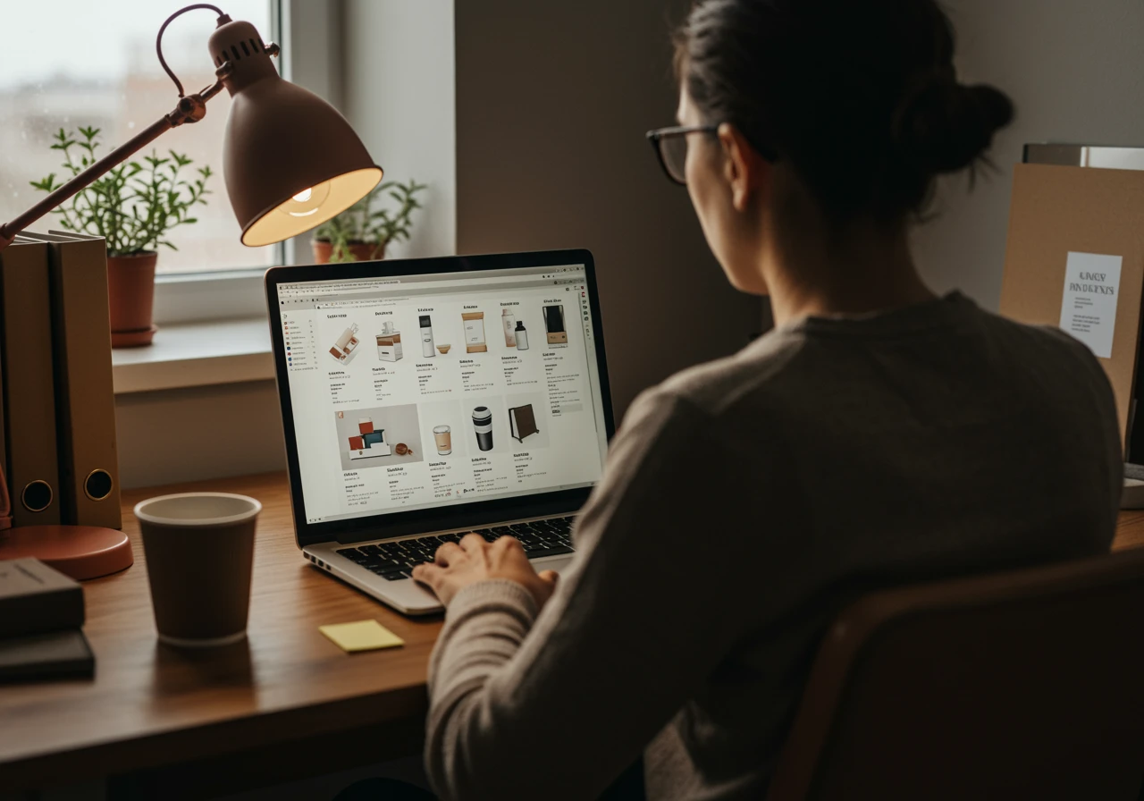 Professional browsing an online shop with on a laptop in a home office setup with a desk lamp