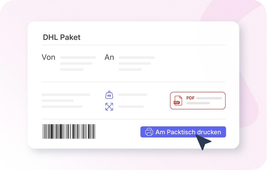 Ein Muster eines Versandetiketts, das mit der Fulfillment-Funktion von Xentral erstellt wurde und Platz für Absender und Empfänger bietet. Es kann an einer Verpackungsstation ausgedruckt oder als PDF gespeichert werden. 