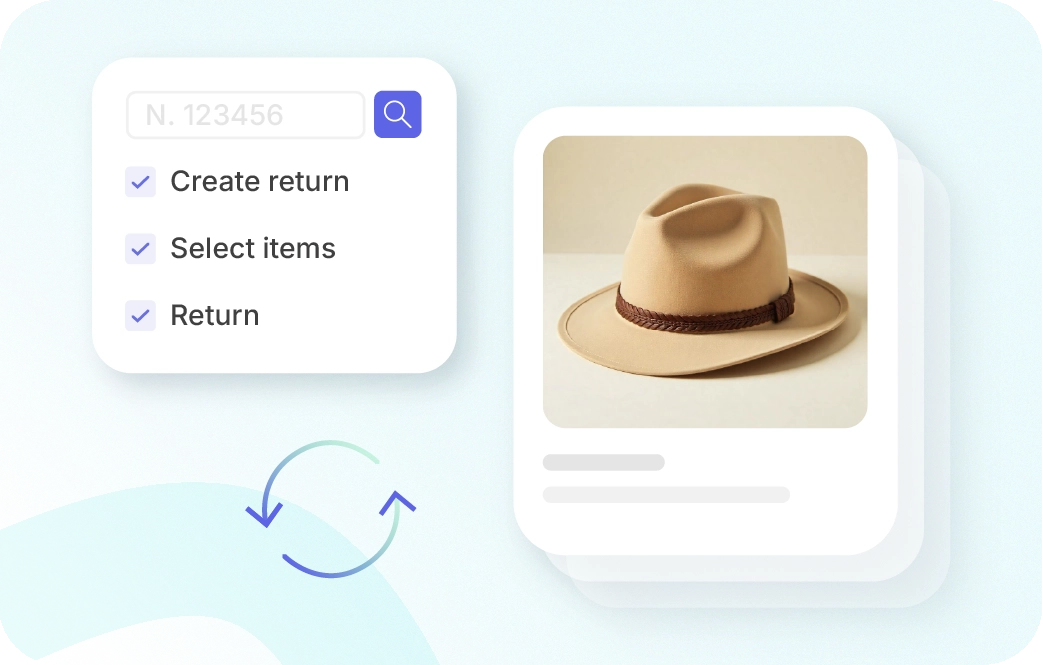 On the left side, there is a field with various steps that a Xentral customer can take within the Xentral platform: create a return, select items, or return items. On the right side, there is a field with a model of a product detail box showing a brown hat. 