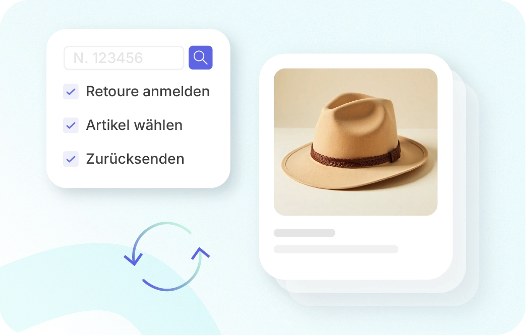 Auf der linken Seite befindet sich ein Feld mit verschiedenen Schritten, die ein Kunde von Xentral innerhalb der Xentral-Plattform durchführen kann: eine Rücksendung erstellen, Artikel auswählen oder zurücksenden. Auf der rechten Seite befindet sich ein Feld mit einem Modell einer Produktdetailbox, die einen braunen Hut zeigt. 