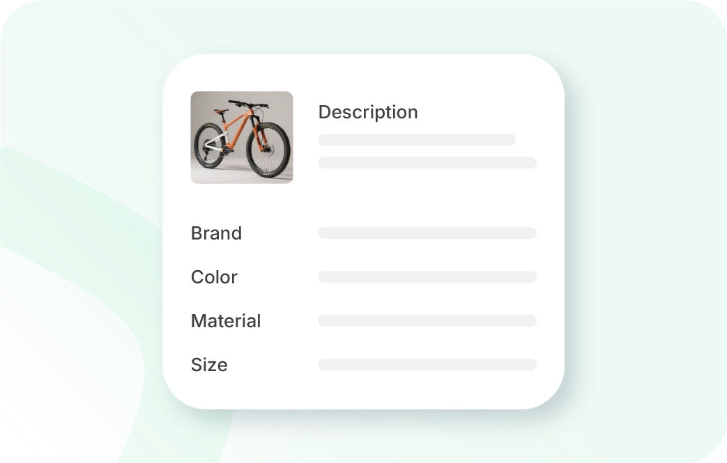 Xentral ERP: A clean digital product specification card in Xentral ERP featuring a thumbnail image and organized fields for description, brand, color, material, and size with shaded placeholder lines.