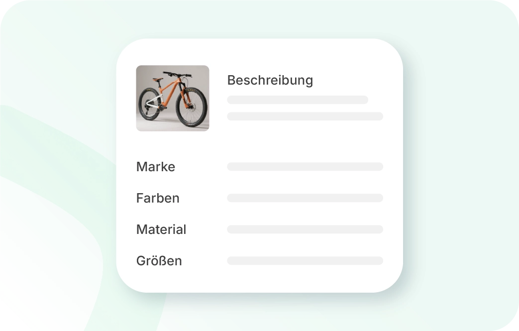 Xentral ERP: Eine digitale Artikelkarte in der Xentral-Oberfläche mit einem Produktbild (Mountainbike als Beispiel), Überschriften für Beschreibung, Marke, Farbe, Material sowie Größe und Platzhaltern für die entsprechenden Produktdetails.