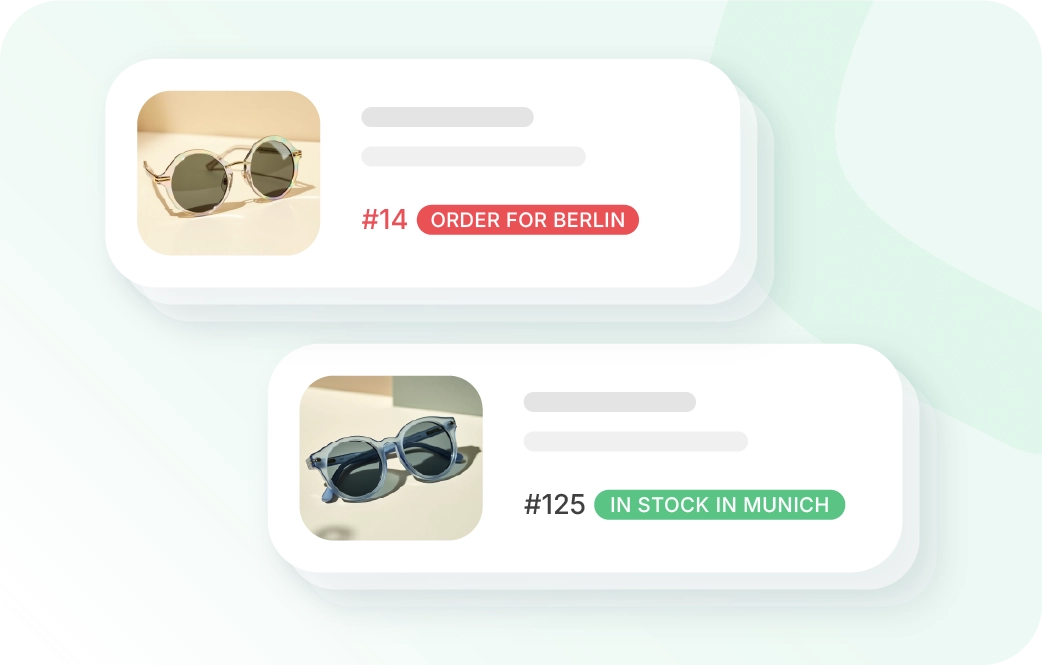 ERP for wineries: Two digital product display cards for eyewear on a light mint background. The top item displays a red "ORDER FOR BERLIN" status with quantity #14, while the bottom shows a green "IN STOCK IN MUNICH" tag with quantity #125.