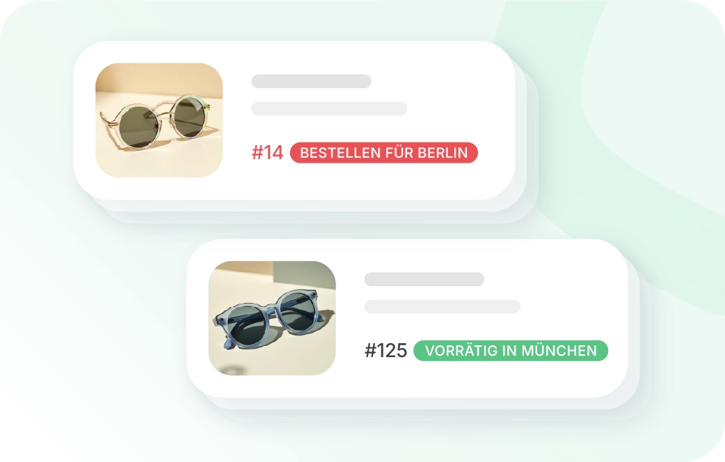 ERP für Winzer: Zwei digitale Produktkarten für Sonnenbrillen vor einem hellen Hintergrund. Die obere Karte zeigt den Status „BESTELLEN FÜR BERLIN“ in Rot, die untere den Status „VERRÄTIG IN MÜNICH“ in Grün, jeweils mit Bestandsnummern.