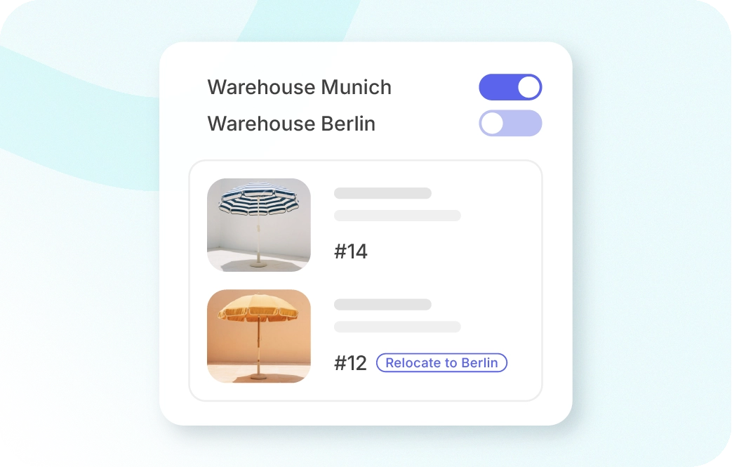 Xentral ERP warehouse module: A digital dashboard showing two storage locations, "Warehouse Munich" and "Warehouse Berlin," with toggle switches. Below, two patio umbrellas are listed, featuring a "Relocate to Berlin" action button for the second item.