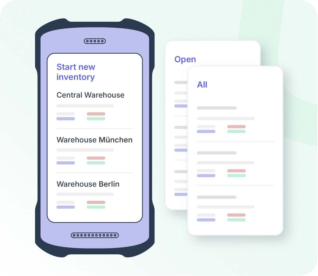 ERP for Fulfillment: An infographic of a rugged mobile data terminal in a purple case. The screen displays "Start new inventory" with options for "Central warehouse", "Warehouse Munich," and "Warehouse Berlin." Two digital cards labeled "Open" and "All" are shown next to it.