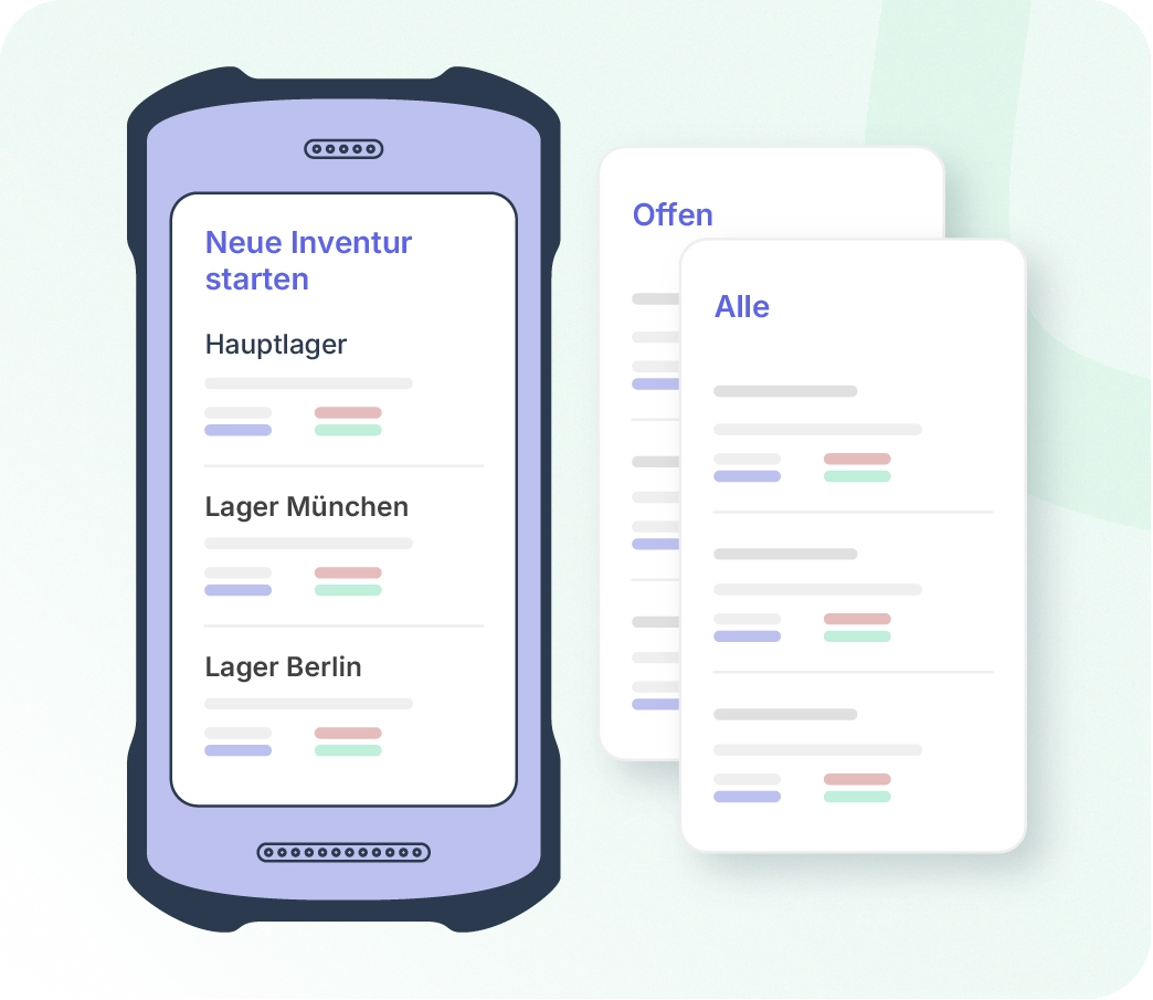 ERP für Fulfillment: Eine Infografik zeigt ein robustes mobiles Datenerfassungsgerät (MDE) mit einem lila Gehäuse. Auf dem Display steht „Neue Inventur starten“ sowie eine Auswahl der Standorte „Hauptlager“, „Lager München“ und „Lager Berlin“. Daneben schweben zwei digitale Listen mit den Überschriften „Offen“ und „Alle“.