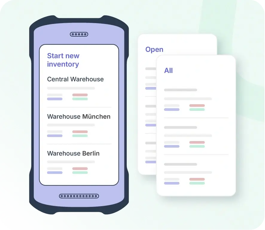 ERP voor fulfilment: een infographic van een robuuste mobiele dataterminal in een paarse behuizing. Op het scherm staat ‘Start nieuwe inventarisatie’ met opties voor ‘Centraal magazijn’, ‘Magazijn München’ en ‘Magazijn Berlijn’. Daarnaast worden twee digitale kaarten getoond met de labels ‘Open’ en ‘Alle’.