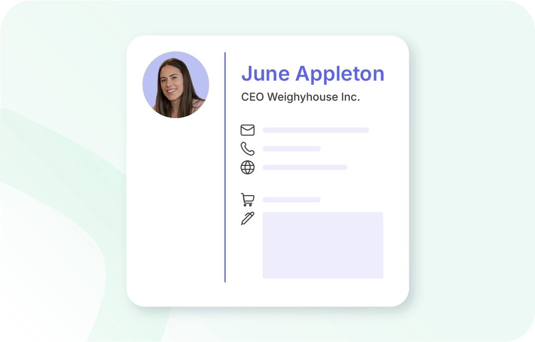 Contact card of a fictitious person - June Appleton, CEO of a fictitious company that shows what users can expect to see in the CRM feature of Xentral. 