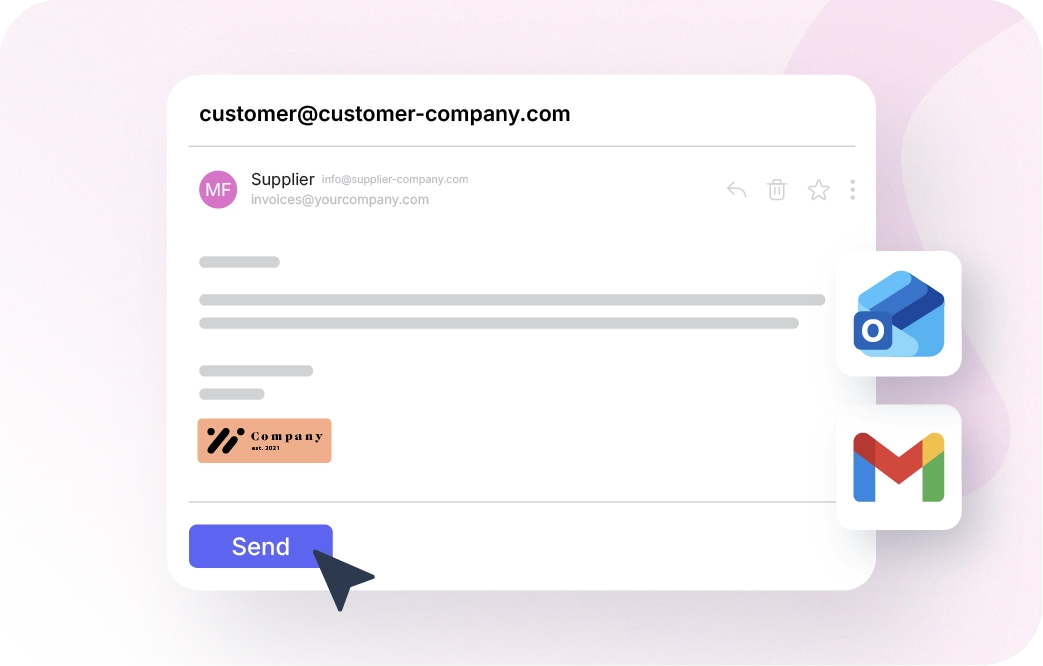 Een voorbeeld van een e-mail aan een klant van een fictief bedrijf. Het laat zien hoe gebruikers via Gmail of Outlook vanuit de CRM-functie van Xentral met hun klanten kunnen communiceren.