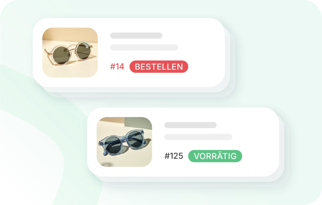 Ein Modell mit zwei Produktdetailboxen für Sonnenbrillen. Die obere zeigt eine runde beige Sonnenbrille. Es sind noch 14 Artikel auf Lager, und die Einkaufsfunktion von Xentral weist den Kunden durch ein rotes Nachbestellungslabel darauf hin, dass er dieses Produkt nachbestellen sollte, um einen Lagerengpass zu vermeiden. Die Produktbox darunter zeigt eine blaue Sonnenbrille. Von diesem Produkt sind noch 125 Artikel auf Lager, und ein grünes Label zeigt an, dass es vorrätig ist. 