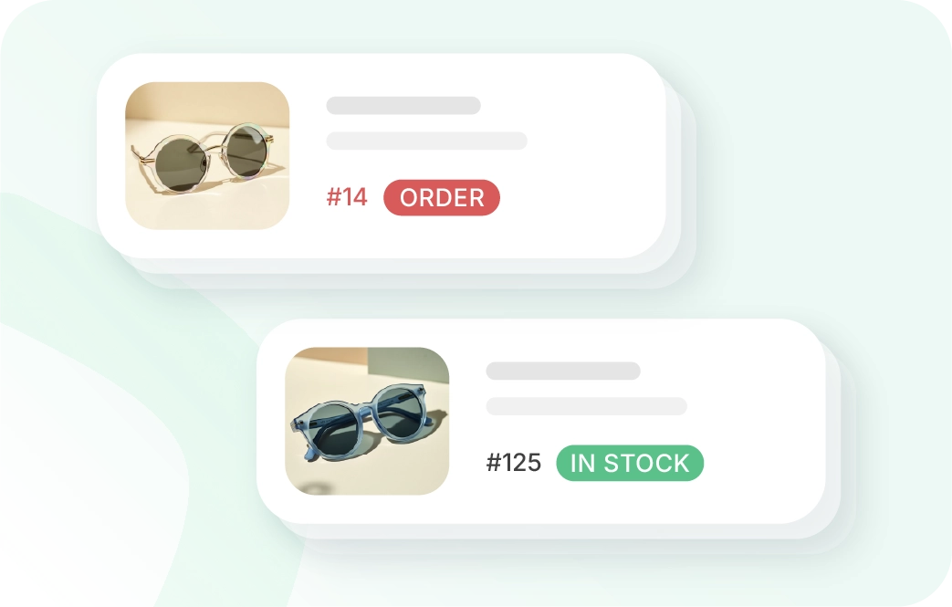 A model of two product detail boxes for sunglasses. The top one shows round beige sunglasses. There are 14 items left in stock, and Xentral's shopping function notifies the customer that they should reorder this product to avoid a stock shortage by displaying a red reorder label. The product box below shows blue sunglasses. There are 125 items left in stock for this product, and a green label indicates that it is in stock. 