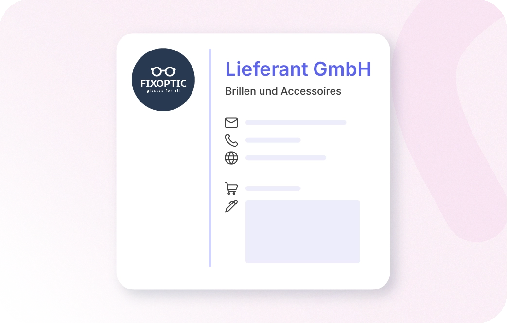 Ein Muster für ein Lieferantenprofil, das im Xentral-Einkaufstool erstellt werden kann. Das Profil enthält den Namen des Unternehmens, das Logo, die Art der vom Lieferanten angebotenen Produkte und die Kontaktdaten. 