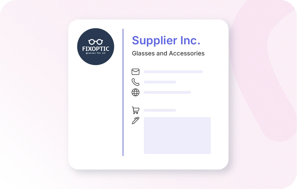 A mockup for a supplier profile that can be created in the Xentral purchasing tool. The profile contains the name of the company, the logo, the type of products offered by the supplier, and contact details. 