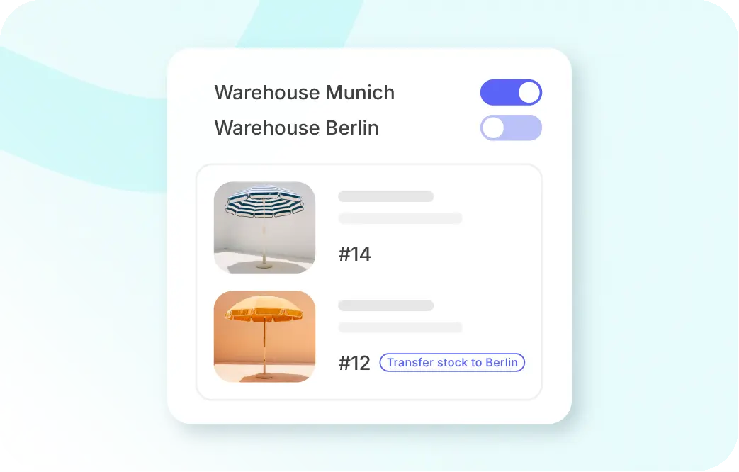 ERP voor hybride bedrijfsmodellen: Een digitale interface die voorraadlocaties "Warehouse Munich" en "Warehouse Berlin" toont. Daaronder staan twee parasols afgebeeld; bij het onderste item staat een knop met de tekst "Transfer stock to Berlin" (Voorraad verplaatsen naar Berlijn).