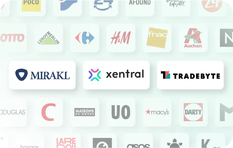Xentral ERP for e-commerce: Xentral logo centered among various e-commerce partner logos including Mirakl, Tradebyte, Macy's, Douglas, and H&M.