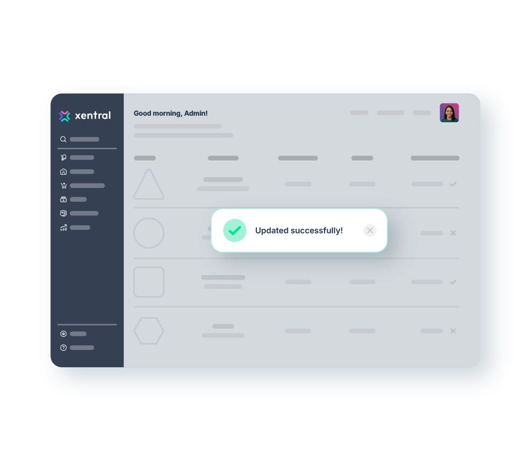 Xentral ERP: Een digitale gebruikersinterface van Xentral ERP in grijstinten en donkerblauw. In de zijbalk aan de linkerkant staan verschillende navigatiepictogrammen. Bovenaan staat “Goedemorgen, Admin!”. In het midden is een opvallend wit meldingsvenster te zien met een groen vinkje en de tekst “Succesvol bijgewerkt!”.