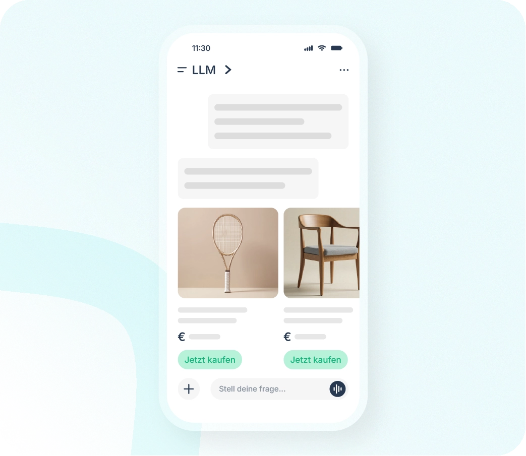 KI-gestütztes Shopping-Interface mit LLM-Integration für personalisierte Produktempfehlungen in einer modernen ERP-App.
