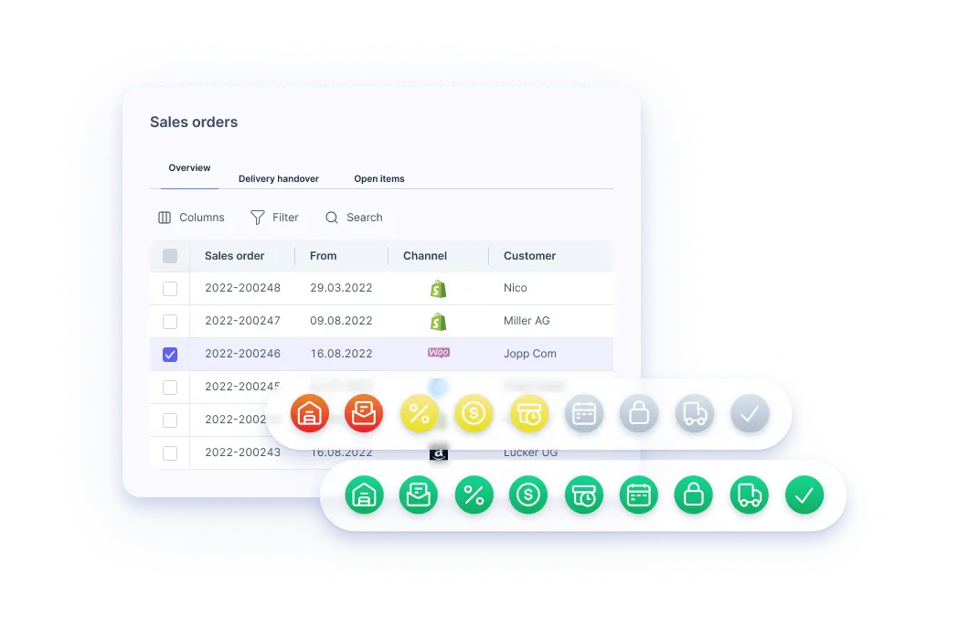 A digital "Sales orders" table in Xentral showing orders from various customers via Shopify and WooCommerce. Two floating rows of colorful status icons represent inventory, billing, and shipping steps, with the bottom row showing all tasks completed.