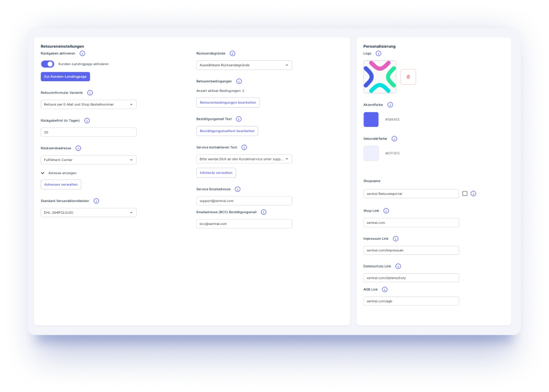 Xentral ERP for Returns Management: Backend settings for a returns portal showing configuration fields for return reasons, deadlines, service contact info, and visual branding like logos and primary colors.