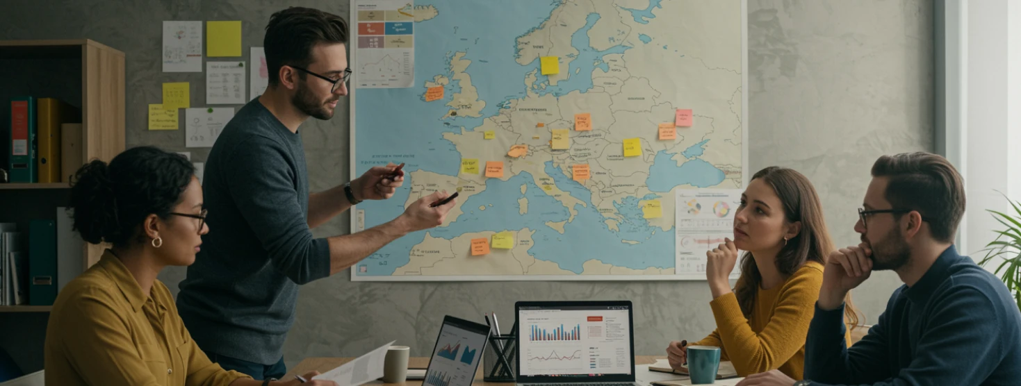 Amazon-Expansion Leitfaden 2026: Ein Team plant die Marktplatz-Strategie in Europa an einer Wandkarte mit Post-its und Daten-Dashboards.