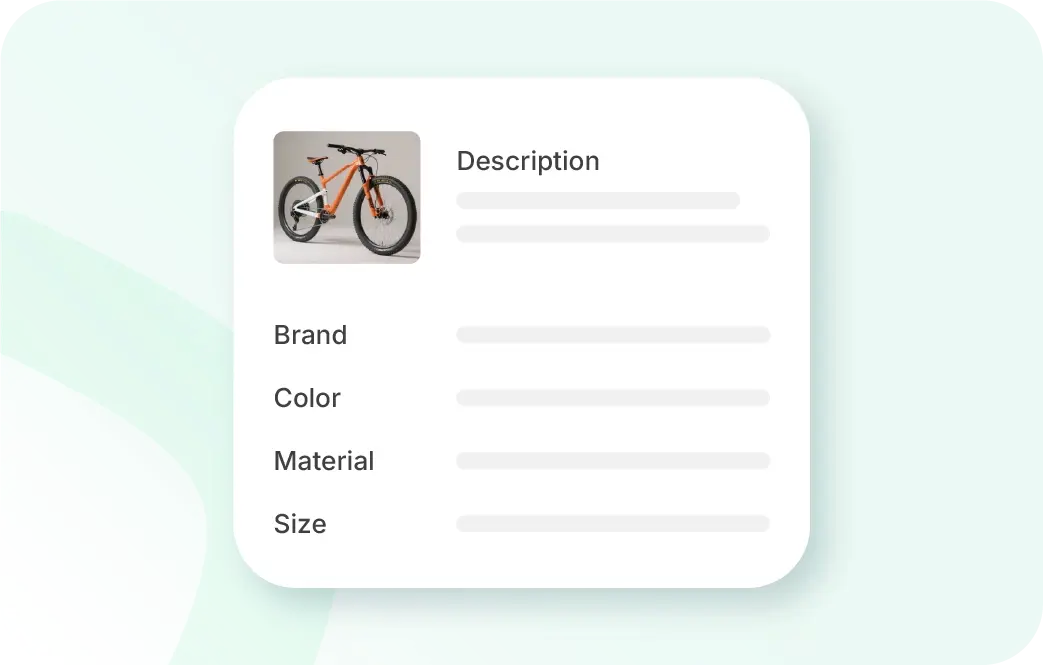 ERP for fashion industry: A clean digital product card in German language titled "Beschreibung" (Description). It features a product thumbnail and organized fields for "Marke" (Brand), "Farben" (Colors), "Material," and "Größen" (Sizes) with shaded placeholder lines.