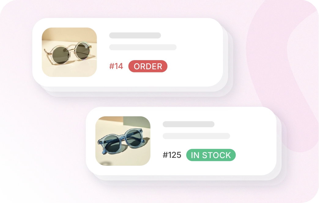 Two digital product display cards for eyewear on a light pink background. The top item features a red Order button with a quantity of 14, while the bottom item shows a green In stock tag with a quantity of 125.