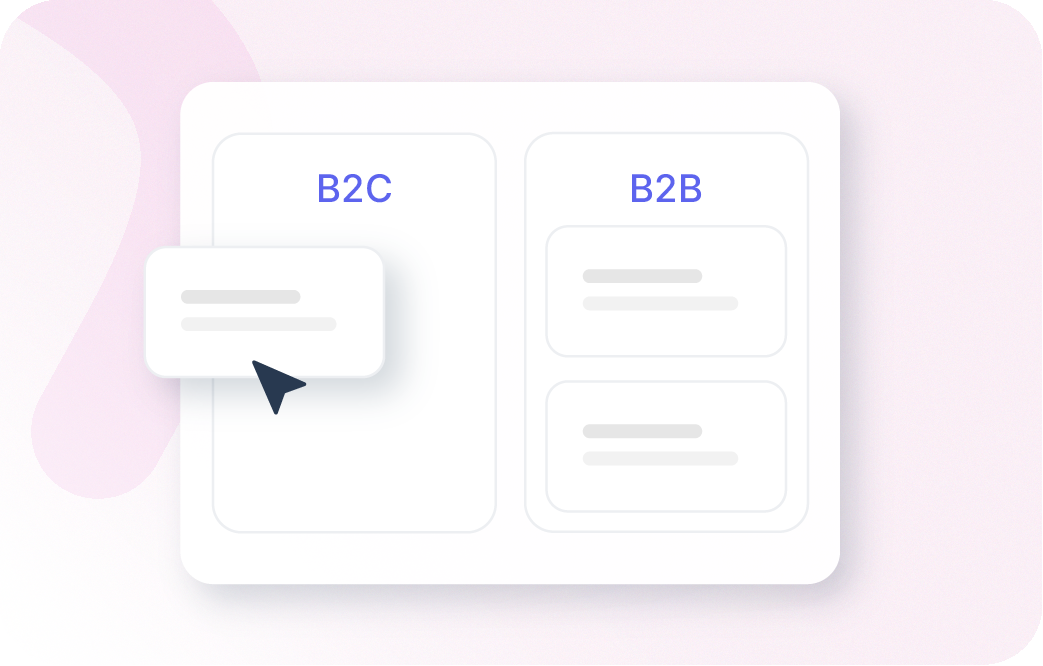 Xentral ERP: Een minimalistische afbeelding toont twee naast elkaar liggende velden met de opschriften “B2C” en “B2B”. Een muisaanwijzer zweeft boven een klein informatievenster in het B2C-gedeelte op een lichte achtergrond met zachte paarse accenten.