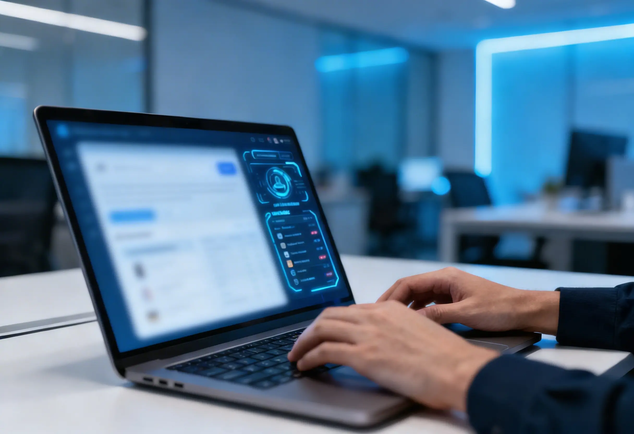 Person arbeitet an Laptop mit AI-Search-Interface, das Produktempfehlungen und Suchprompts analysiert