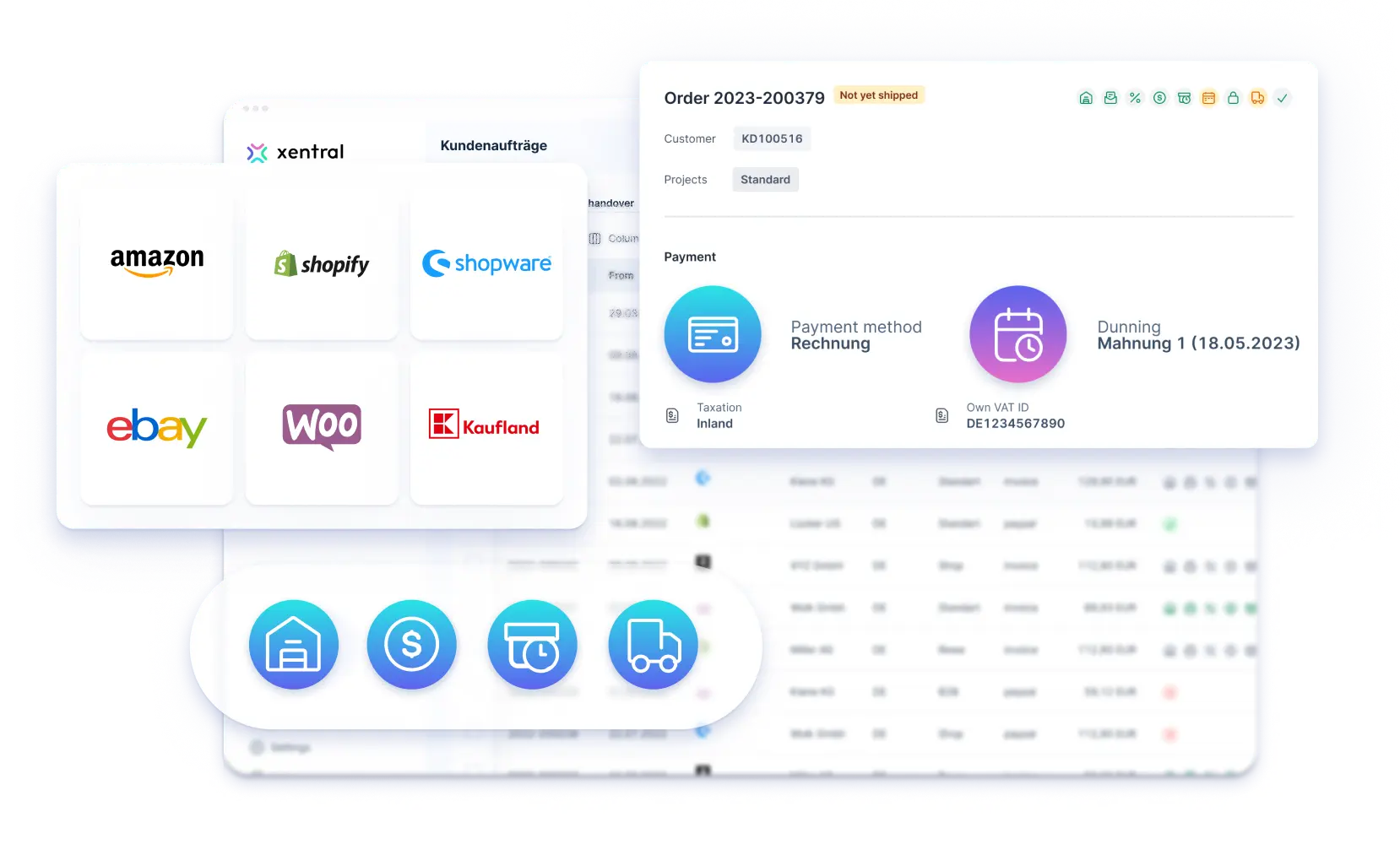 Xentral ERP Order management: A digital collage of software interfaces. The left side features a grid of e-commerce logos including Amazon, Shopify, and eBay. The right side shows an order detail view with the status "Not yet shipped," payment method "Rechnung" (Invoice), and a "Dunning" notification for a first reminder. Four circular icons at the bottom represent warehouse, sales, time tracking, and shipping.