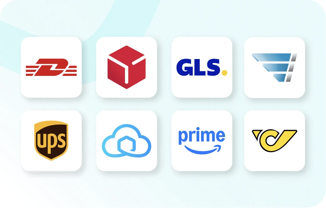 ERP for Fulfillment: An overview graphic featuring eight tiles with logos of prominent shipping and logistics providers. The top row includes DHL, DPD, GLS, and FedEx. The bottom row displays UPS, Shipcloud, Amazon Prime, and Austrian Post.