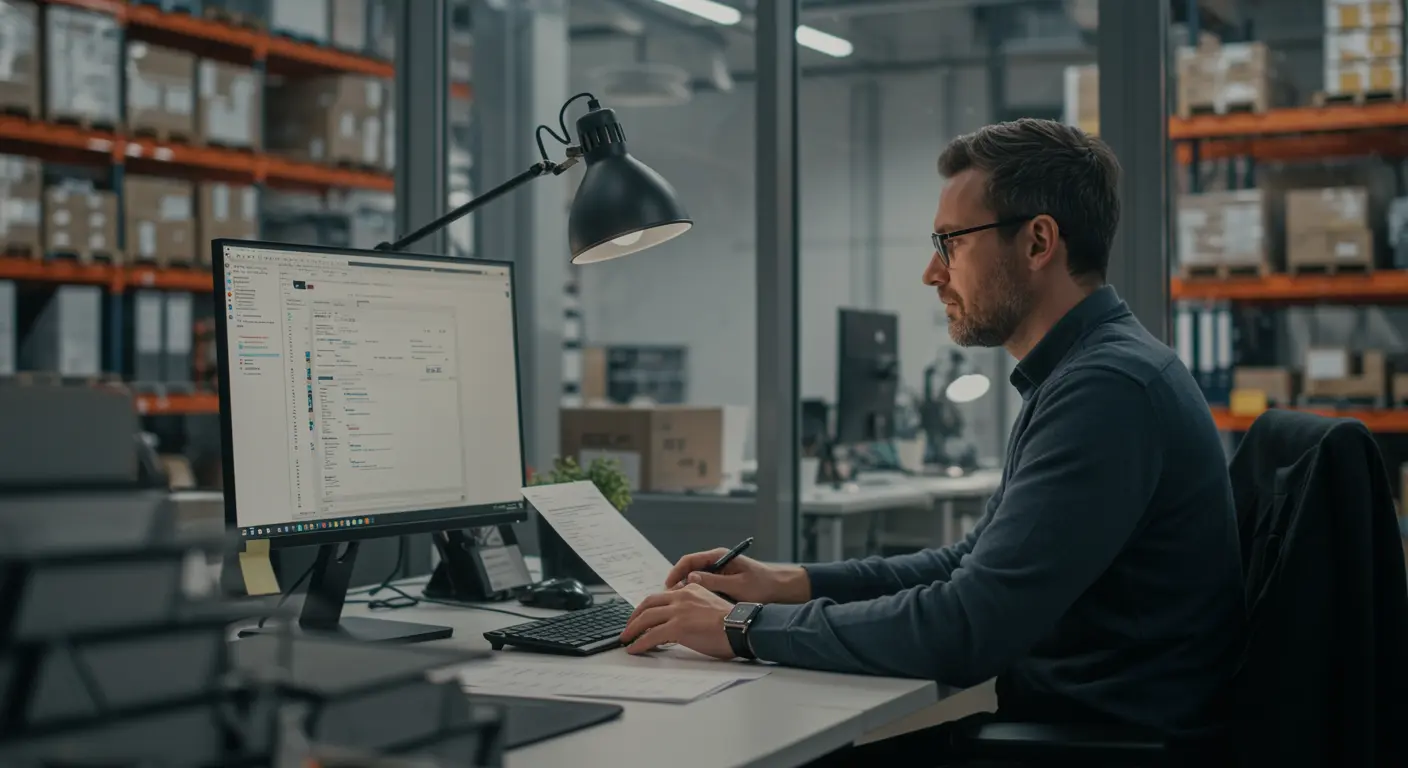 Procurement Manager am PC-Arbeitsplatz im Lager, um digitale Einkaufsprozesse zu optimieren.