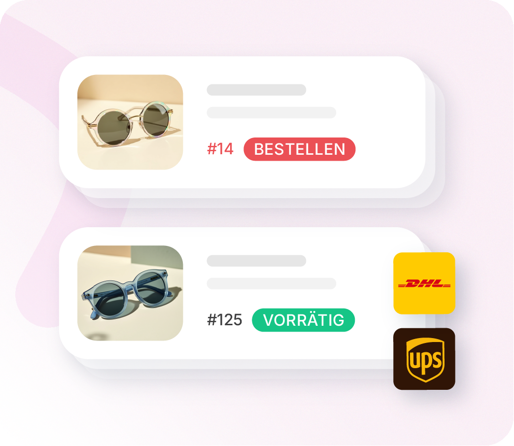 Benutzeroberfläche der Xentral Lagerverwaltungs-Software mit Produktverwaltung, Bestellstatus „Bestellen“ und DHL sowie UPS Versandoptionen.
