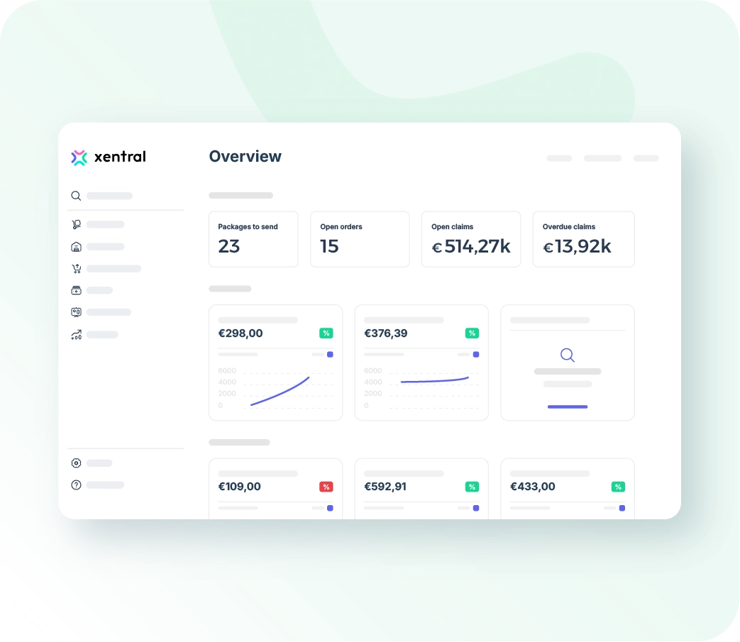 The Xentral AI ERP Dashboard provides a real-time overview of open orders, packages, and receivables.