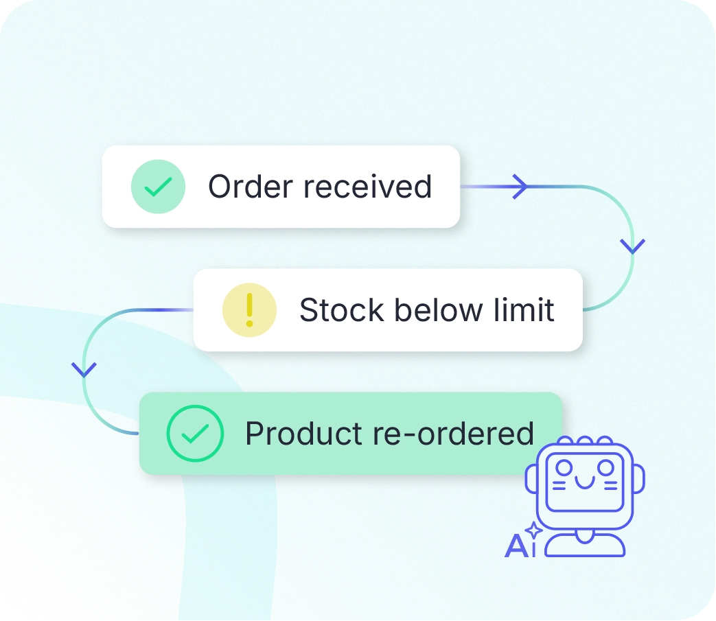 Automated inventory management in Xentral KI ERP: An AI bot triggers reorders when stock falls below the set threshold.