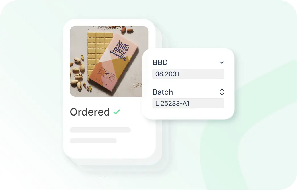 Xentral ERP for food: A digital product interface featuring a "Nuts about chocolate" bar. A status indicator shows "Ordered". An overlaying menu displays technical food industry data: "BBD" (best before date) set to "08.2031" and "Batch" showing "L 25233-A1".