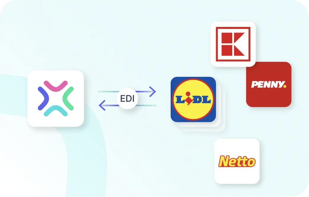 Xentral ERP for food: An infographic featuring the multicolored Xentral logo on the left. Two arrows point through a circle labeled "EDI" toward several well-known supermarket logos on the right, including Lidl, Kaufland, Penny, and Netto.