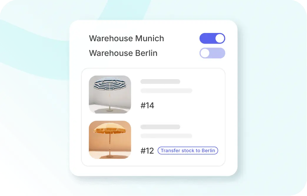 Xentral ERP for electronics retail: A digital software interface showing inventory management for two locations: "Warehouse Munich" (toggled on) and "Warehouse Berlin." Below, two products featuring beach umbrellas are listed with item numbers #14 and #12. Next to item #12, there is a button labeled "Transfer stock to Berlin".