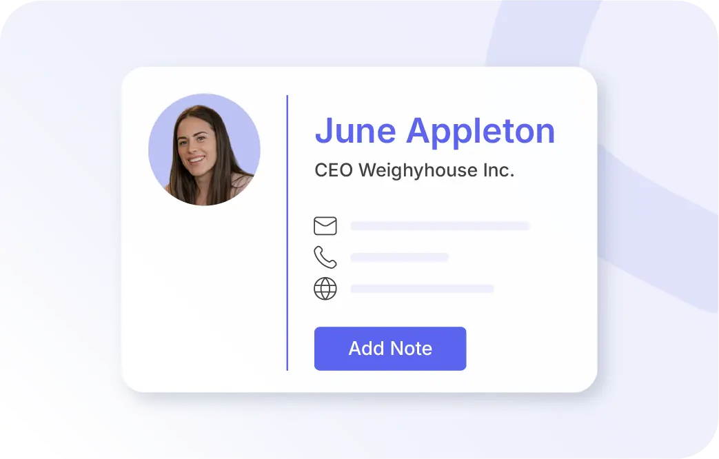 Xentral ERP for electronics retail: A digital contact card for a customer named June Appleton, CEO of Weighyhouse Inc. It features a portrait photo on the left, her name and title on the right, along with icons for email, phone, and web. A blue button at the bottom reads "Add Note."