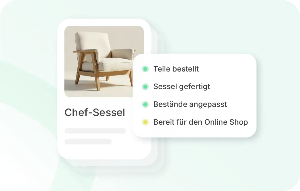 Xentral ERP für Produktion: Eine digitale Infografik auf hellgrünem Hintergrund. Sie zeigt eine Produktkarte mit der Aufschrift „Chef-Sessel“ und einem Foto eines beigen Sessels mit Holzrahmen. Ein überlagertes Status-Fenster zeigt eine Prozessliste: „Teile bestellt“ (grün), „Sessel gefertigt“ (grün), „Bestände angepasst“ (grün) und „Bereit für den Online Shop“ (gelb).