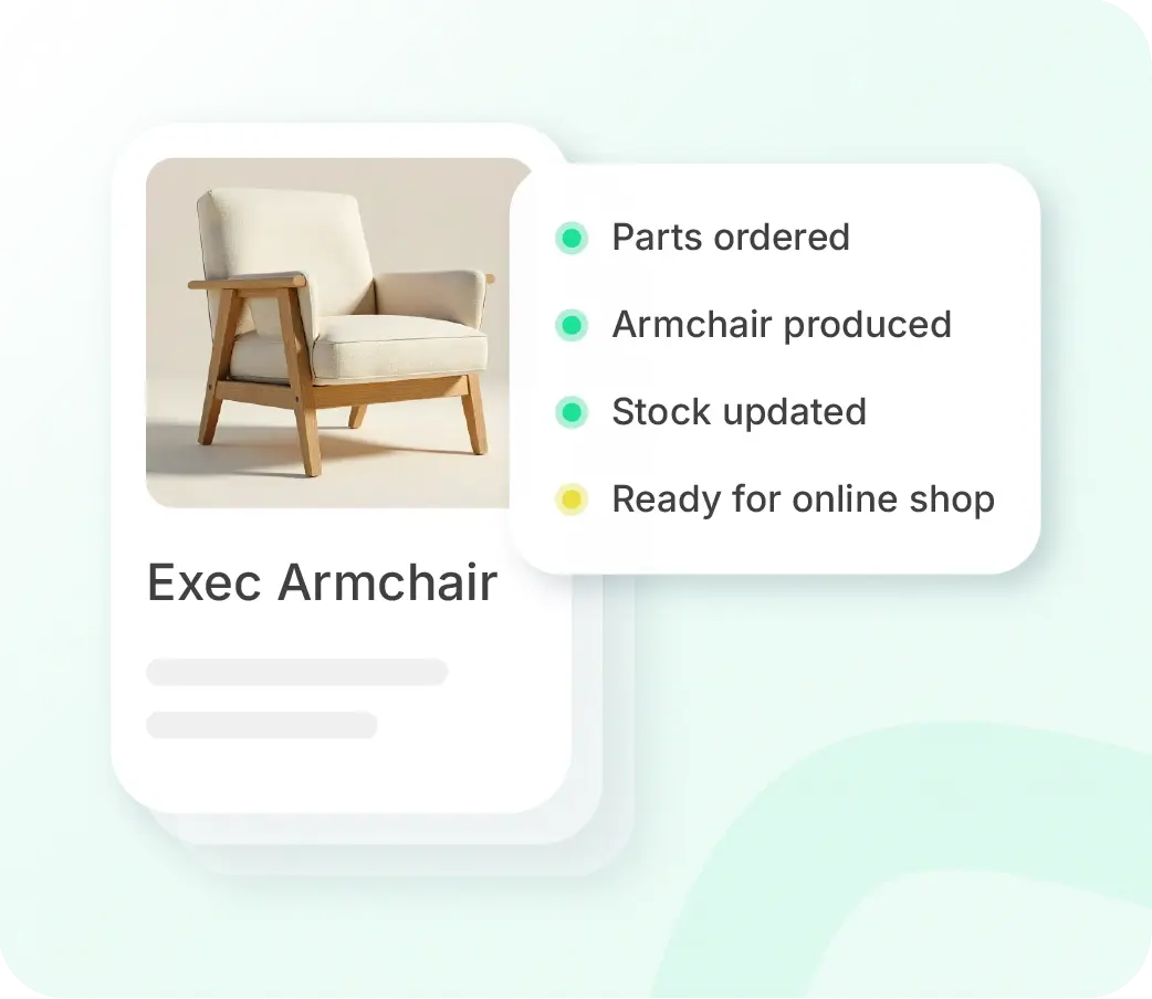 Xentral ERP for manufacturing: A digital infographic on a light green background. It displays a product card labeled "Chef-Sessel" (Executive Chair) with a photo of a beige armchair with a wooden frame. An overlaying window shows a status checklist: "Teile bestellt" (parts ordered), "Sessel gefertigt" (chair manufactured), "Bestände angepasst" (stocks adjusted), and "Bereit für den Online Shop" (ready for the online shop).