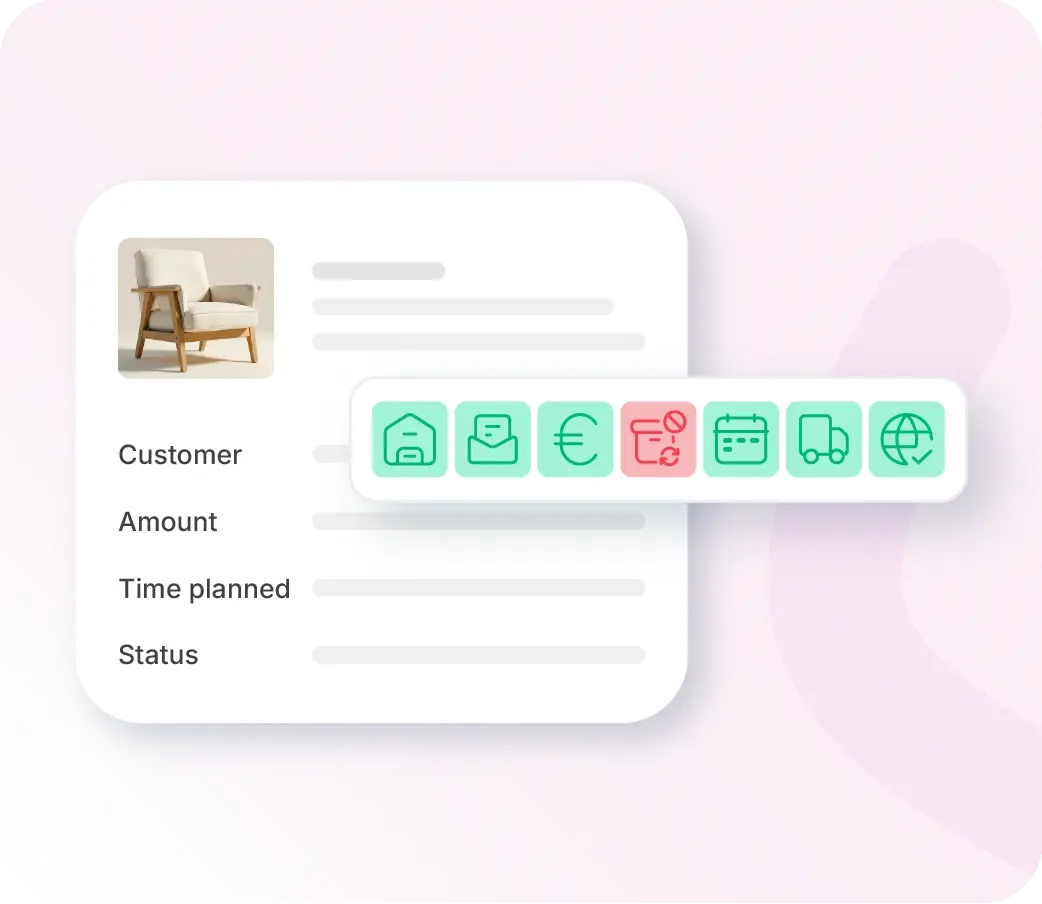 Xentral ERP for manufacturing: A digital user interface showing an order detail view. In the top left, there is an image of a white armchair. Below, labels for "Customer," "Amount," "Time planned," and "Status" are visible. A floating toolbar displays various task icons, including warehouse, mail, currency, return block (highlighted in red), calendar, truck, and global shipping.