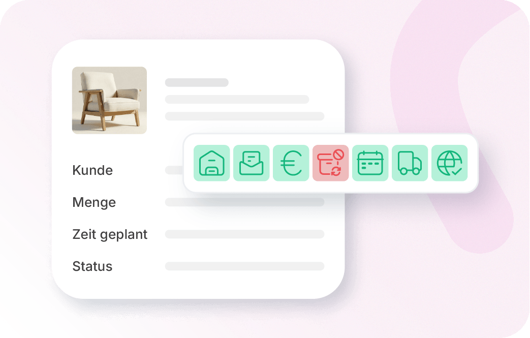 Xentral ERP für Produktion: Eine digitale Benutzeroberfläche zeigt die Detailansicht eines Auftrags. Oben links ist ein weißer Sessel abgebildet. Darunter stehen die Kategorien „Kunde“, „Menge“, „Zeit geplant“ und „Status“. Eine darüber schwebende Symbolleiste enthält Icons für Lagerung, Kommunikation, Finanzen, Retouren-Stopp (rot markiert), Kalender, Versand und weltweite Logistik.