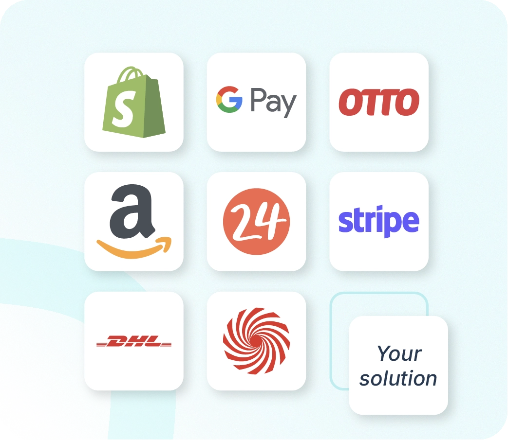 Xentral ERP: A grid of nine white tiles on a light blue gradient background. It features logos for Shopify, Google Pay, OTTO, Amazon, Stripe, and DHL. The bottom right tile is prominently displayed with the German text "Your Solution".