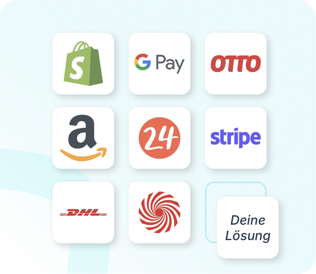 Xentral ERP: Eine Anordnung von neun quadratischen Kacheln auf einem hellen Hintergrund. Gezeigt werden Logos bekannter Plattformen wie Shopify, Google Pay, OTTO, Amazon, Stripe und DHL. Die letzte Kachel unten rechts ist hervorgehoben und trägt die Aufschrift „Deine Lösung“.