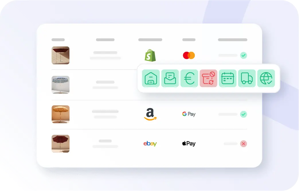 Xentral ERP: Eine tabellarische Benutzeroberfläche einer Software zeigt vier Kundenbestellungen mit Produktbildern von Sonnenschirmen. In den Zeilen sind Logos von Verkaufskanälen wie Shopify, Amazon und eBay sowie Zahlungsanbieter wie Mastercard, Google Pay und Apple Pay zu sehen. Über der Tabelle schwebt eine horizontale Menüleiste mit sieben Icons für Lager, Kommunikation, Finanzen, Retouren, Termine, Versand und globale Logistik.