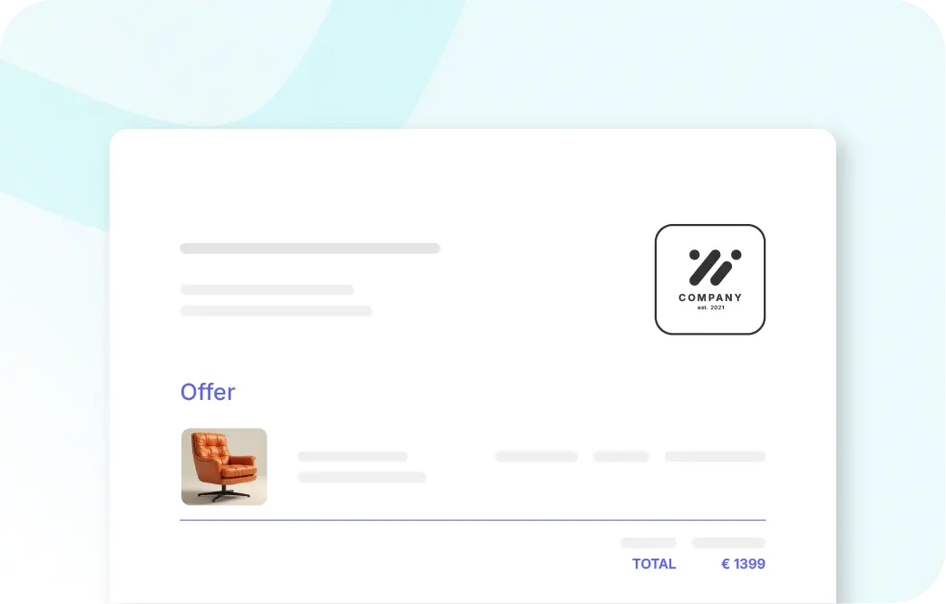 A digital document view titled "Offer." The top right features a square company logo placeholder. An item entry shows a thumbnail of an orange leather armchair. At the bottom, the "TOTAL" amount is displayed as "€ 1399" in purple text.