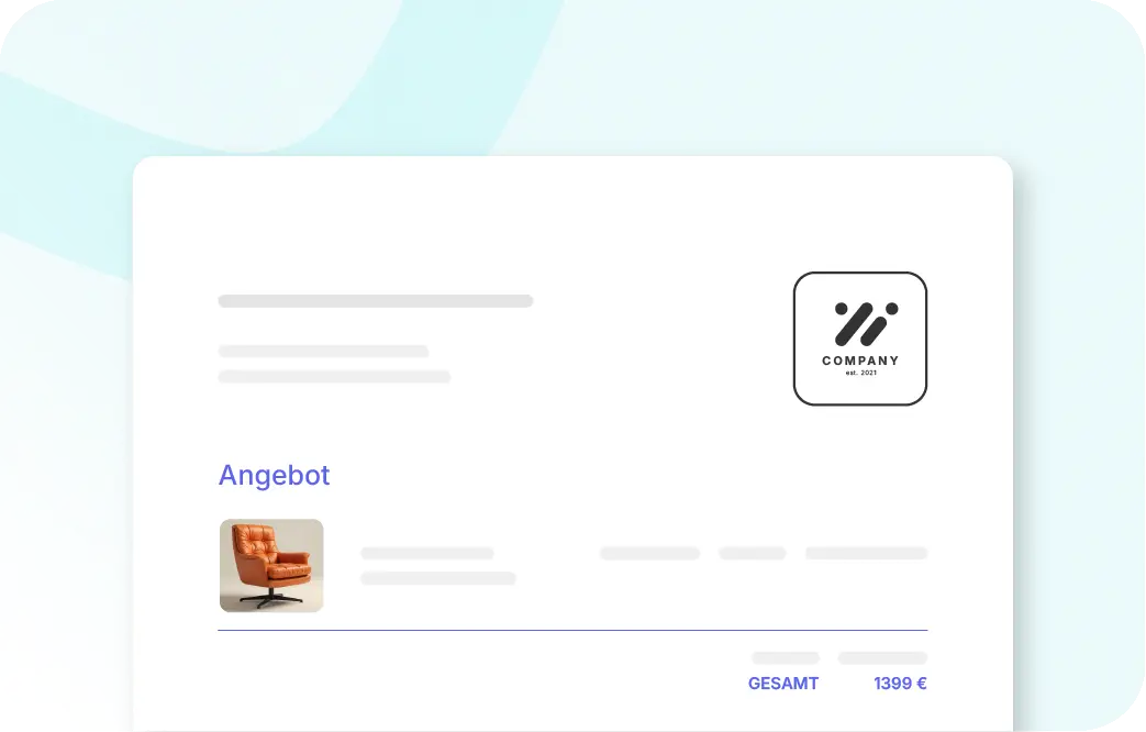 Eine digitale Belegansicht mit der Überschrift „Offer“ (Angebot). Oben rechts ist ein Platzhalter-Logo für ein Unternehmen zu sehen. In der Liste ist ein orangefarbener Ledersessel abgebildet. Am unteren Rand wird die Summe „TOTAL“ mit dem Betrag „€ 1399“ in lila Schrift angezeigt.