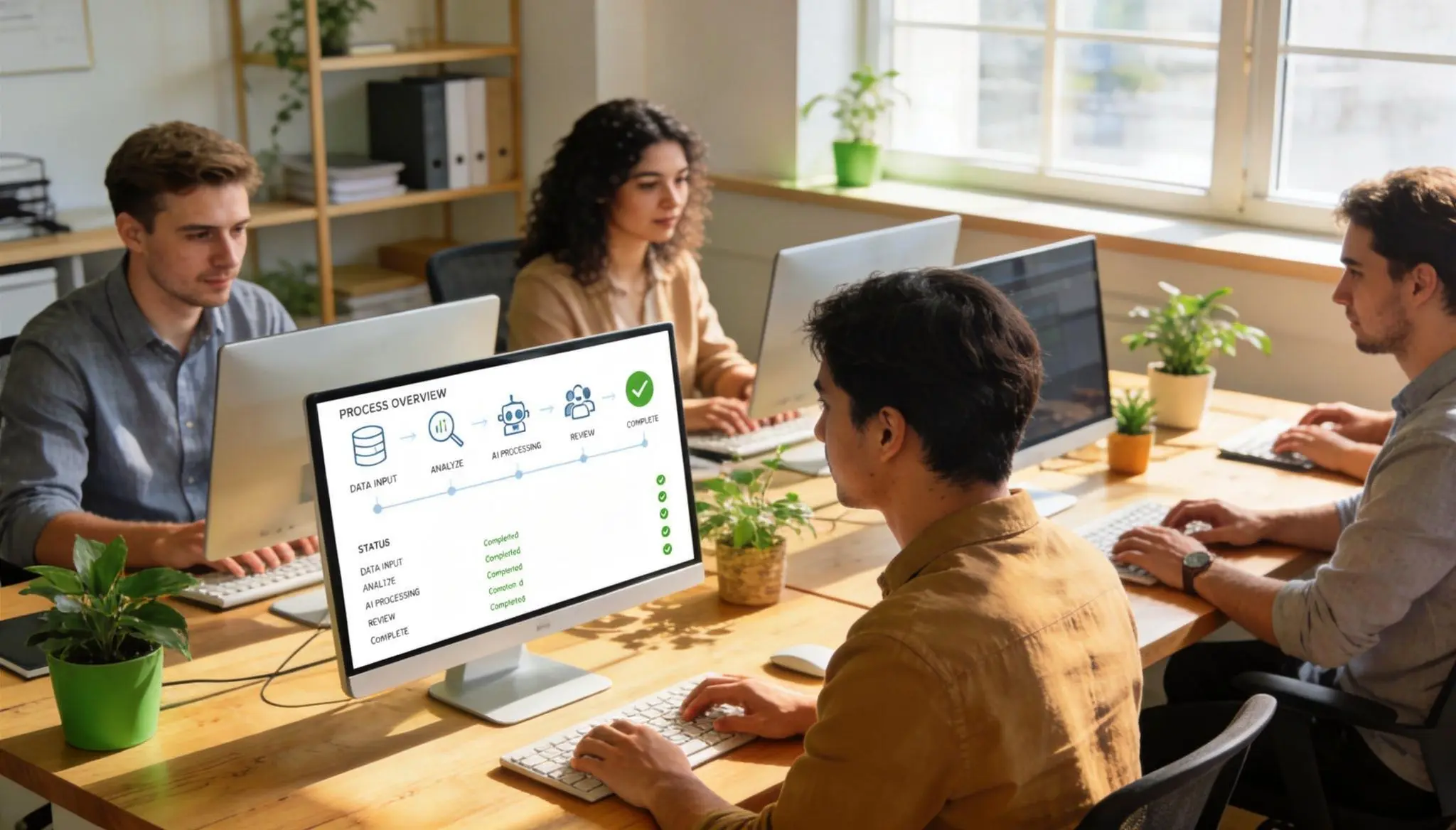 Vier Mitarbeiter arbeiten an Computern in einem hellen Büro. Der vorderste Bildschirm zeigt eine Prozessgrafik mit KI-Verarbeitung.