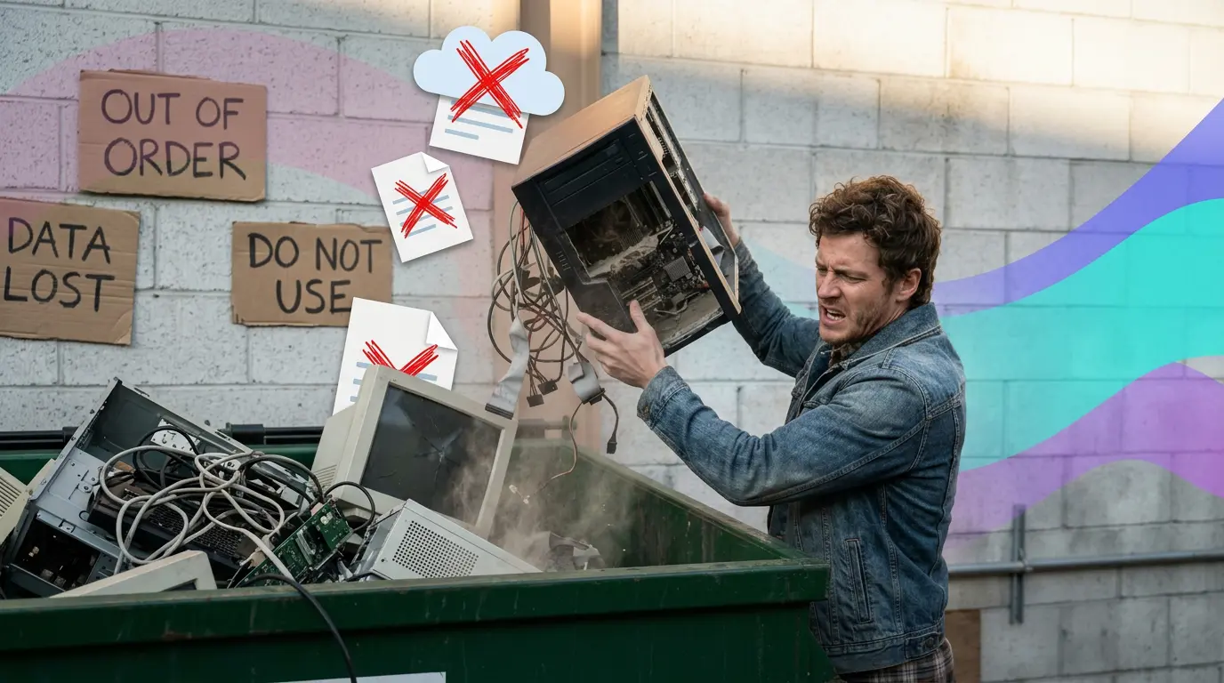 Ein frustrierter Mann wirft alten PC-Schrott in einen Müllcontainer; im Hintergrund hängen Schilder mit „Data Lost“ und „Out of Order“